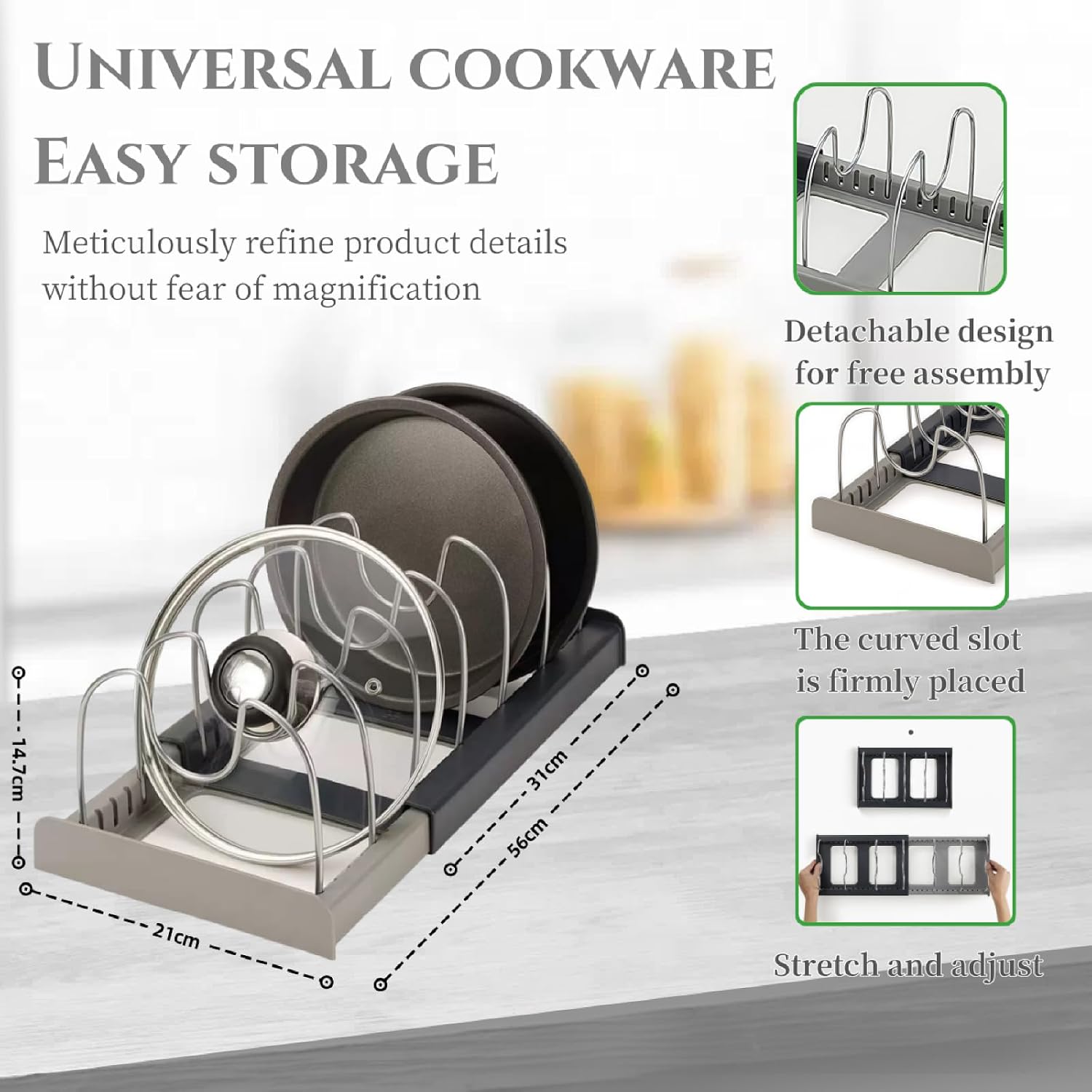 Lid Organizers Inside Cabinet Adjustable, Kitchen Pot lid Organizer for Bowls, Lids, Cutting Boards, Tableware, Dish Storage Rack for cabinets, Drawers, countertops & Sinks