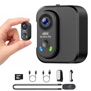 Mini Action Cam 4K 30fps con Custodia di Ricarica, Body Cam Magnetica Indossabile con Scheda 64GB, 6-Assi EIS Stabilizzata, Grandangolo 150°, POV Camera per Moto, Vlog, Bici - Amazon product rated Grade A