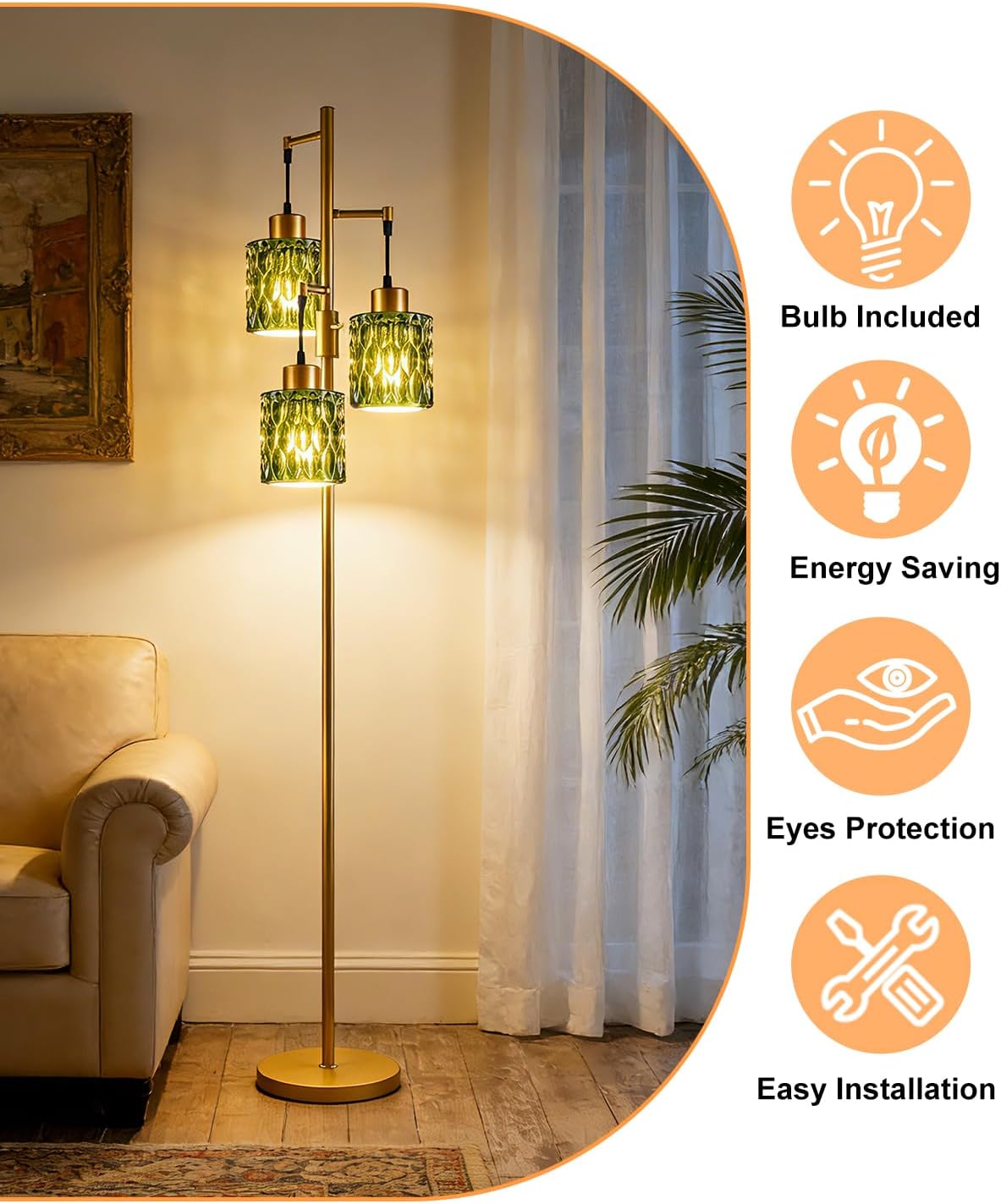 Lightdot 67" 3-Light Glass Floor Lamps for Living Room, Dimmable Floor Lamp with Green Glass Shade& E12 Bulbs Included, Mid Century Standing Tall Lamp for Bedroom/Sofa Beside/Corner Decor-Gold