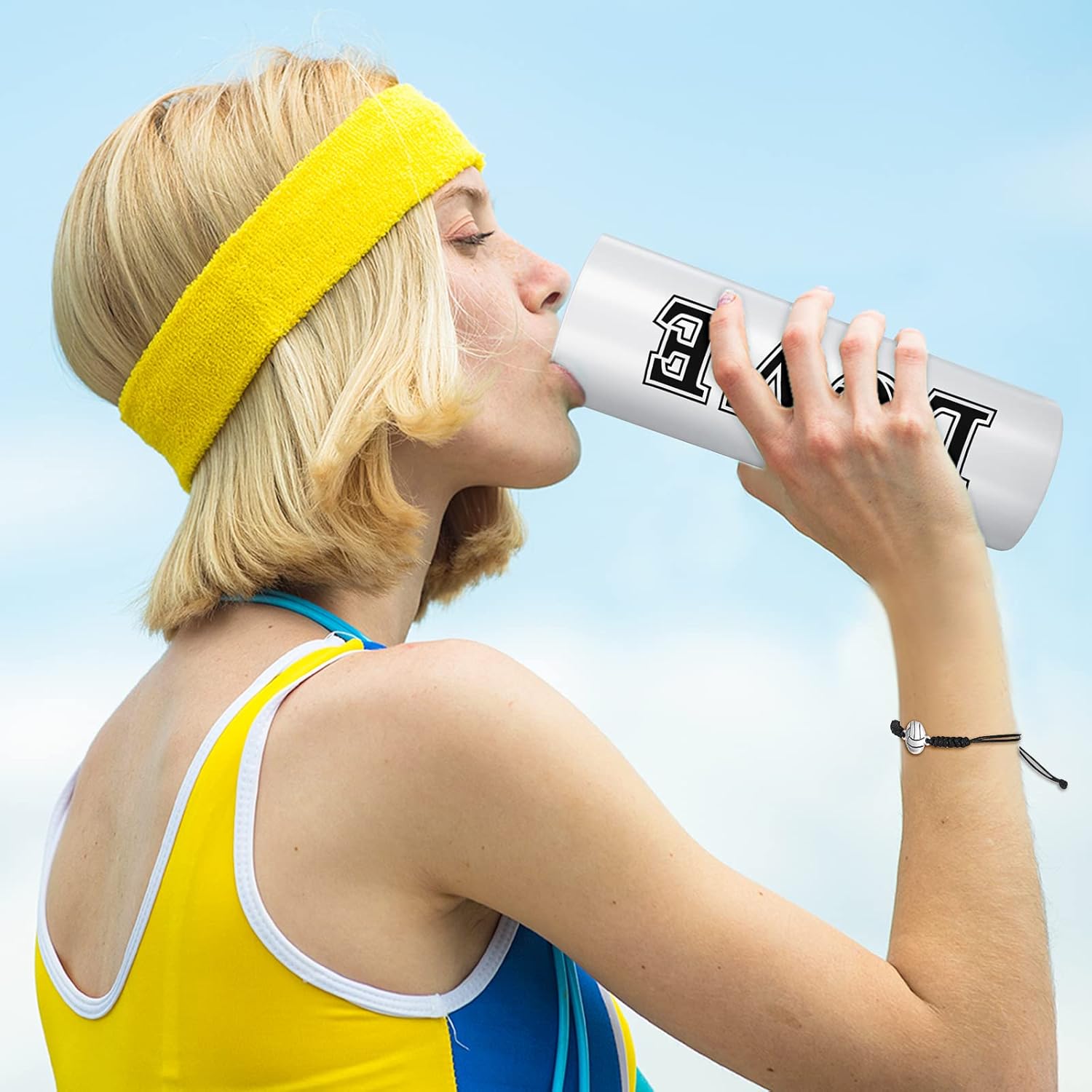 Yinder 5 Pcs Volleyball Gifts for Women Include Volleyball Tumbler Mug with Straw 17. 2'' Drawstring Bag Canvas Cosmetic Bag Adjustable Rope Bracelet Elastic Headband for Teen Women - Image 6