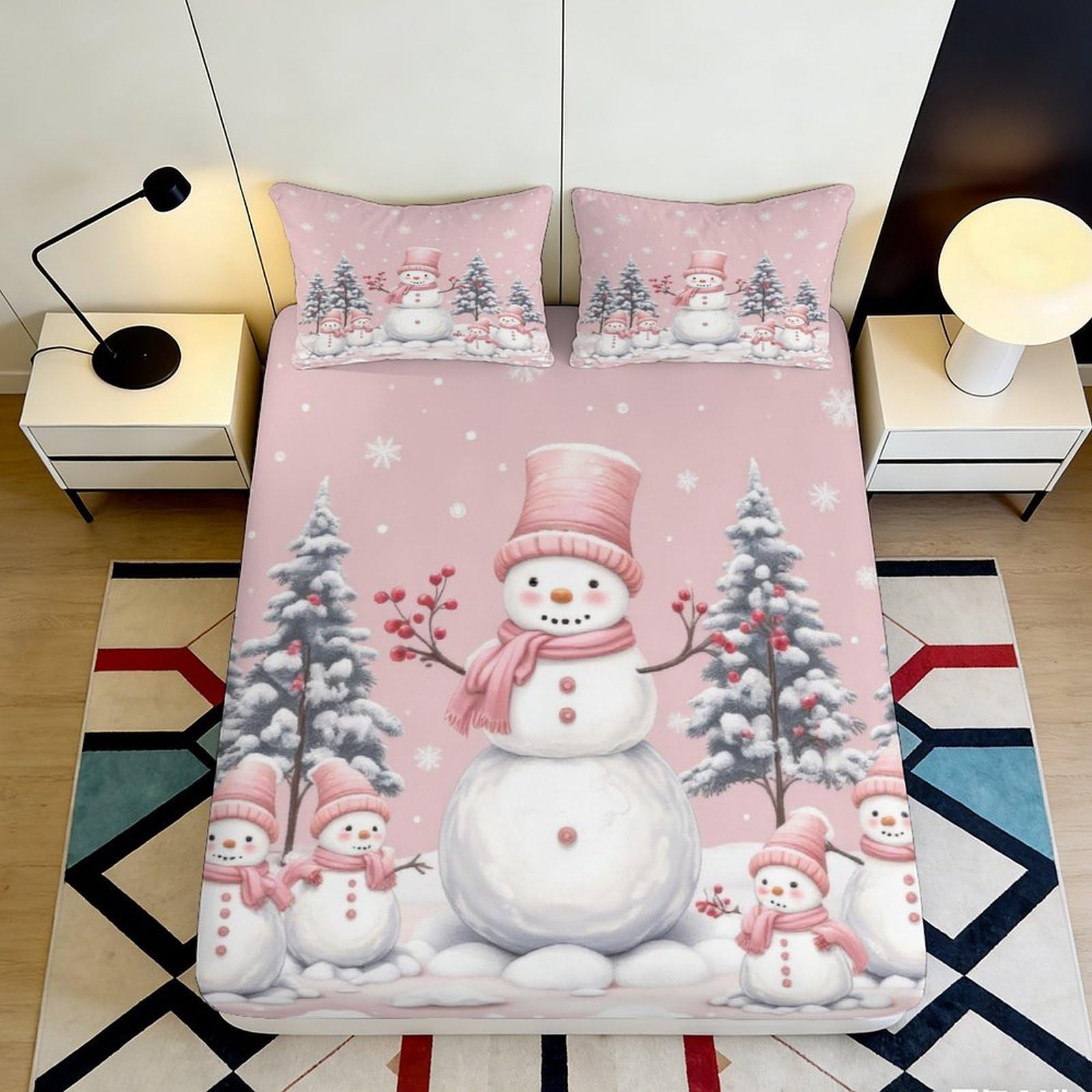 3D Printed Pink Snowman Fitted Sheet Microfiber Soft Mattress Cover Winter Trees for Bedroom Guest Room Decor 90x200x25cm