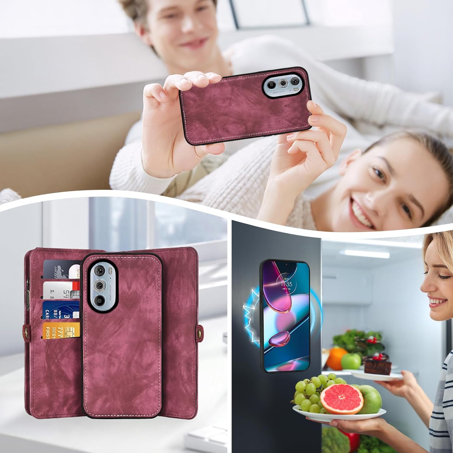 Asuwish Phone Case for Motorola Edge+ Plus 2022/Edge X30/30 Pro Zipper Wallet Detachable Cell Cover with Tempered Glass Screen Protector Crossbody Strap Flip Card Holder Moto Edge + 5G UW Women Red