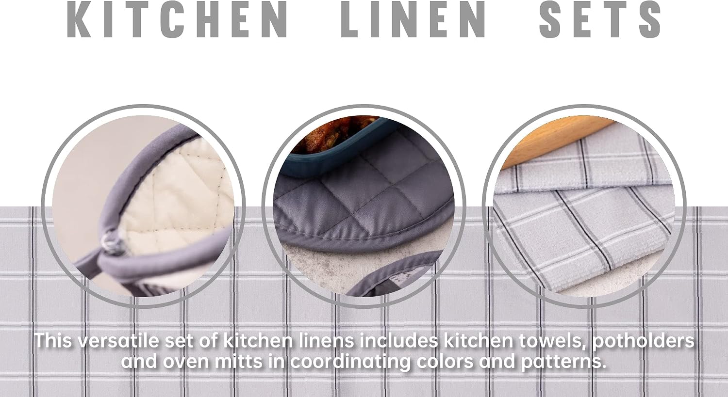 6 Pack Kitchen Set | 2 Oven Mitts and 2 Round Pot Holders of Quilted Lining with Cotton Wadding - 2 Dish Towels for Drying Dishes | Perfect for Gifting, Baking and Everyday Cooking (BA & GC)