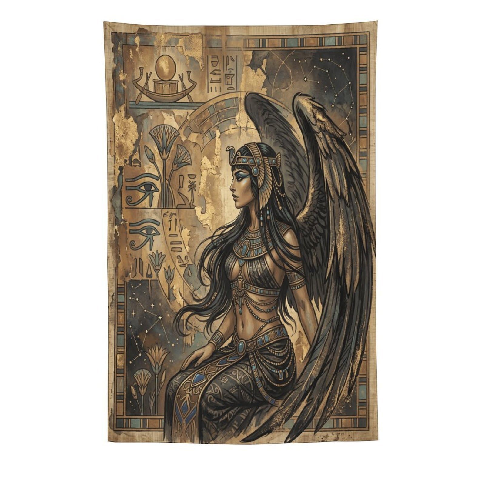 H3B8U2Y5 Egyptian Winged Goddess Portrait Wall Tapestry, Papyrus Temple