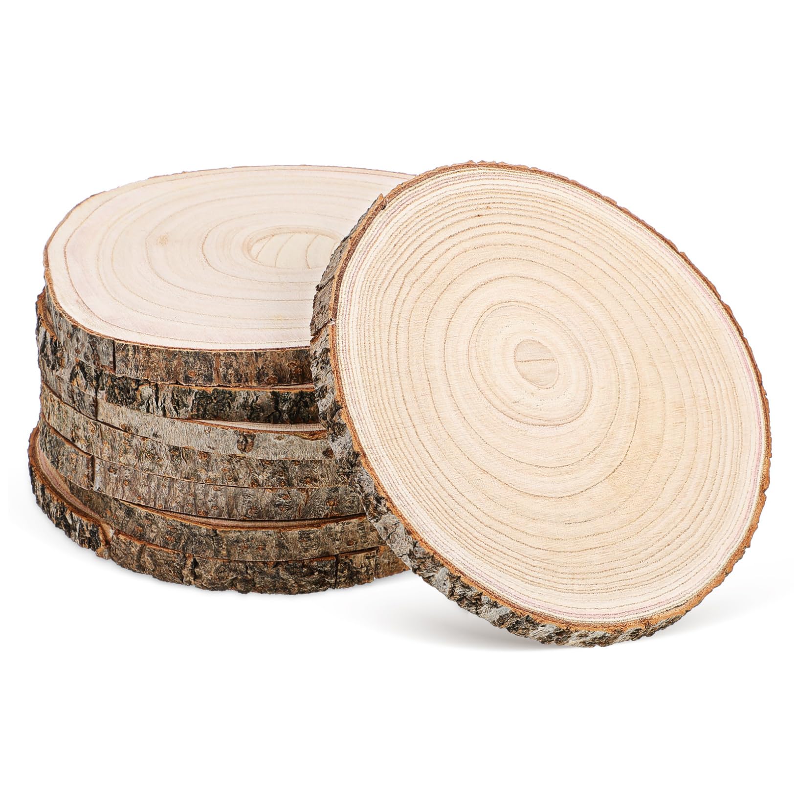 Rodajas de Madera Corteza de 8 Piezas, Círculos Rústicos | Listas para Pintar o Quemar, Veta Única y Superficie Lisa, para Decoraciones del Hogar y Bodas