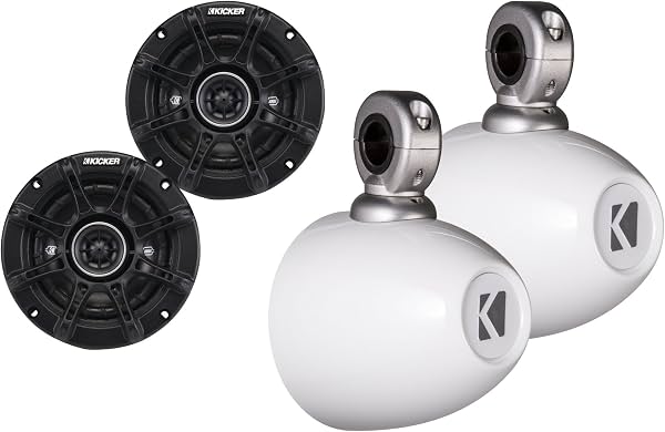 KICKER 40KMMTESW Enclosures Blancos Mini Torre Wake con Parlantes 41DSC44 | Enclosures marinos mini torre wake blancos cargados con parlantes Kicker DSC de 4 pulgadas.