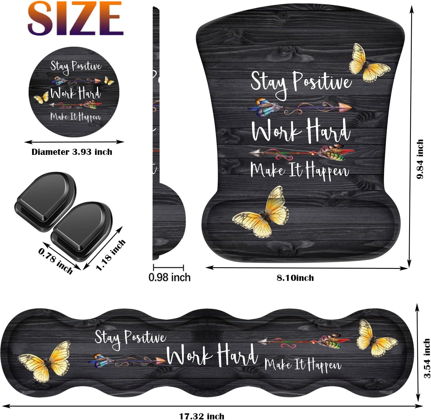 Keyboard Wrist Rest Pad + Wrist Rest Support Mouse Pad + Coaster + Hook Combo Set, Ergonomic Relief Wrist Pain Anti-Slip Mouse Pad for Home and Office, Stay Positive Work Hard and Make It Happen