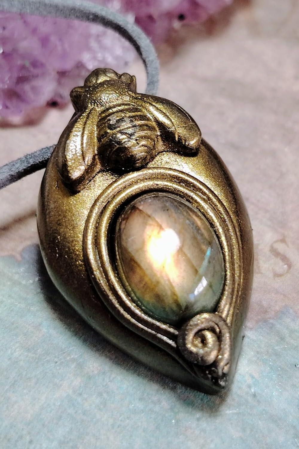 | Gold Honey Bee Crystal Necklace | Citrine or Labradorite Stone | Queen, Bumble Bee Lovers Gifts | Abundance, Manifestation and Good Luck Symbol