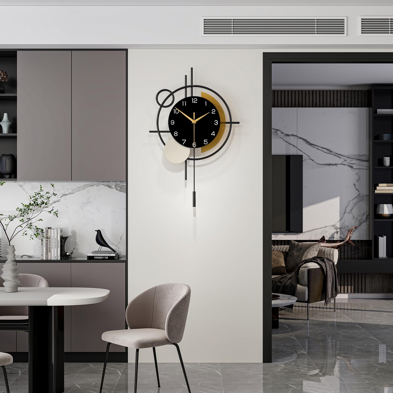 Modern Schwarz Metall Wanduhr mit Pendel für Wohnzimmer Große | Lautlos Quarz Dekorative Holz Wanduhren Ohne TickgeräUsche batteriebetrieben für badezimmer KüChe Schlafzimmer Büro,35x57cm