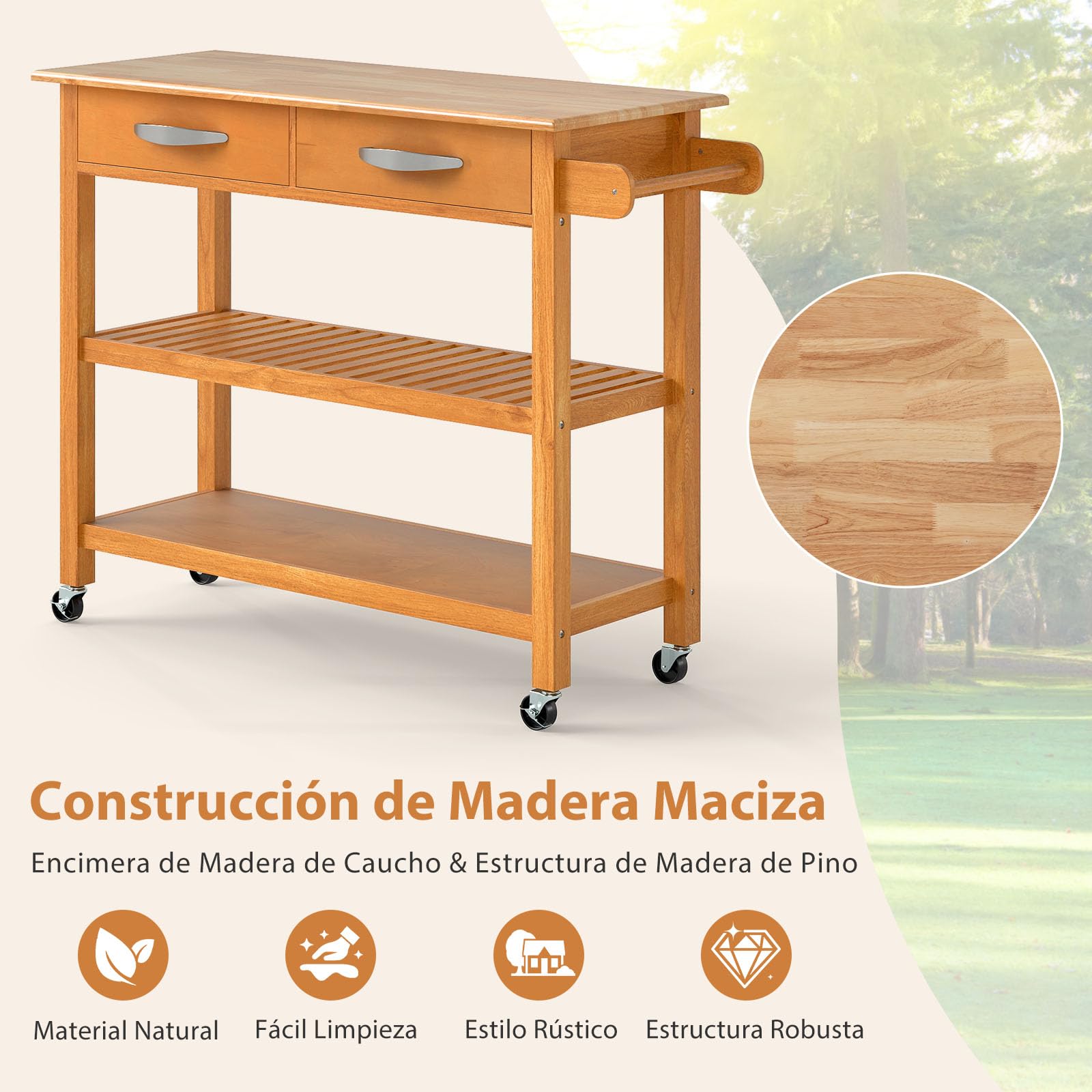 COSTWAY Isla de Cocina con Almacenamiento, Carrito Auxiliar de 3 Niveles con 4 Ruedas, con Encimera de Madera, 2 Cajones, 2 Estantes Abiertos y Asa Lateral, Carro de Servicio para Comedor (Natural)