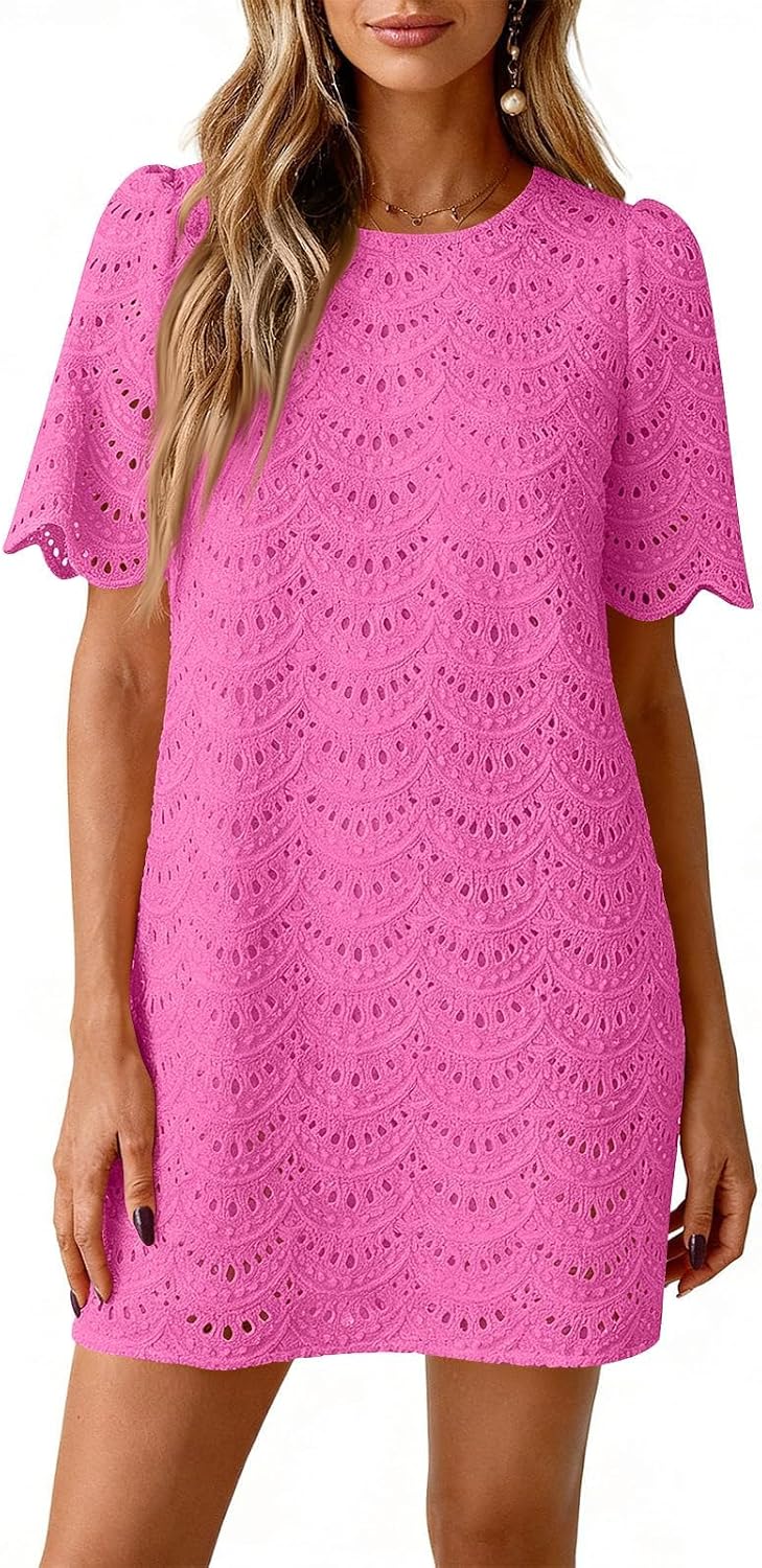 Women Hollow Summer Dresses, Boho Style Short Sleeve Crewneck Tunic Dress Wedding Guest Party Mini Sundress Trendy