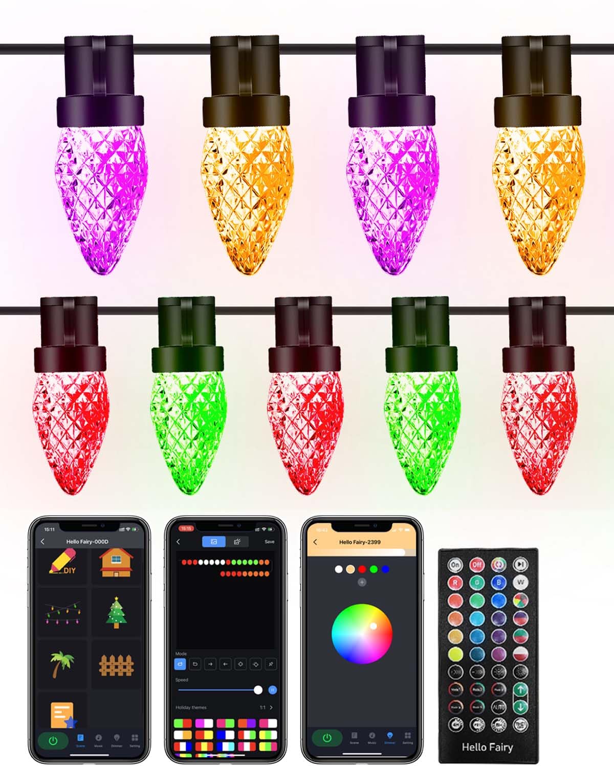 66Ft 100LED Smart Halloween Decorations RGB, Dynamic C9 LED Christmas Lights DIY Chasing Effects APP Remote Controlled, Connectable Music Color Changing Orange Purple Lights for Fence Xmas Decoration