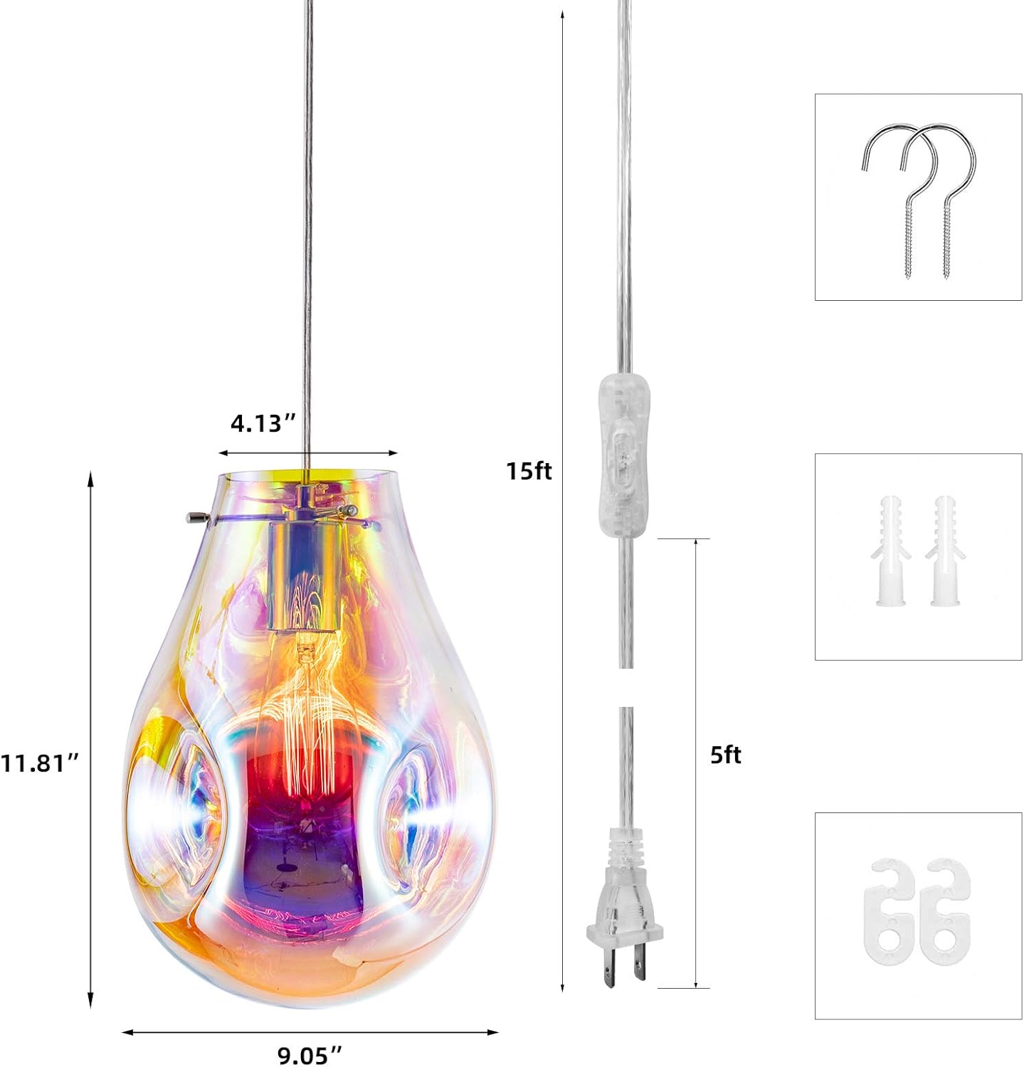 Plug in Pendant Light with Cord E26 E27, Modern Glass Handblown Colorful Hanging Lights with Plug in Cord for Kitchen Island Living Room Dining Room Restaurant