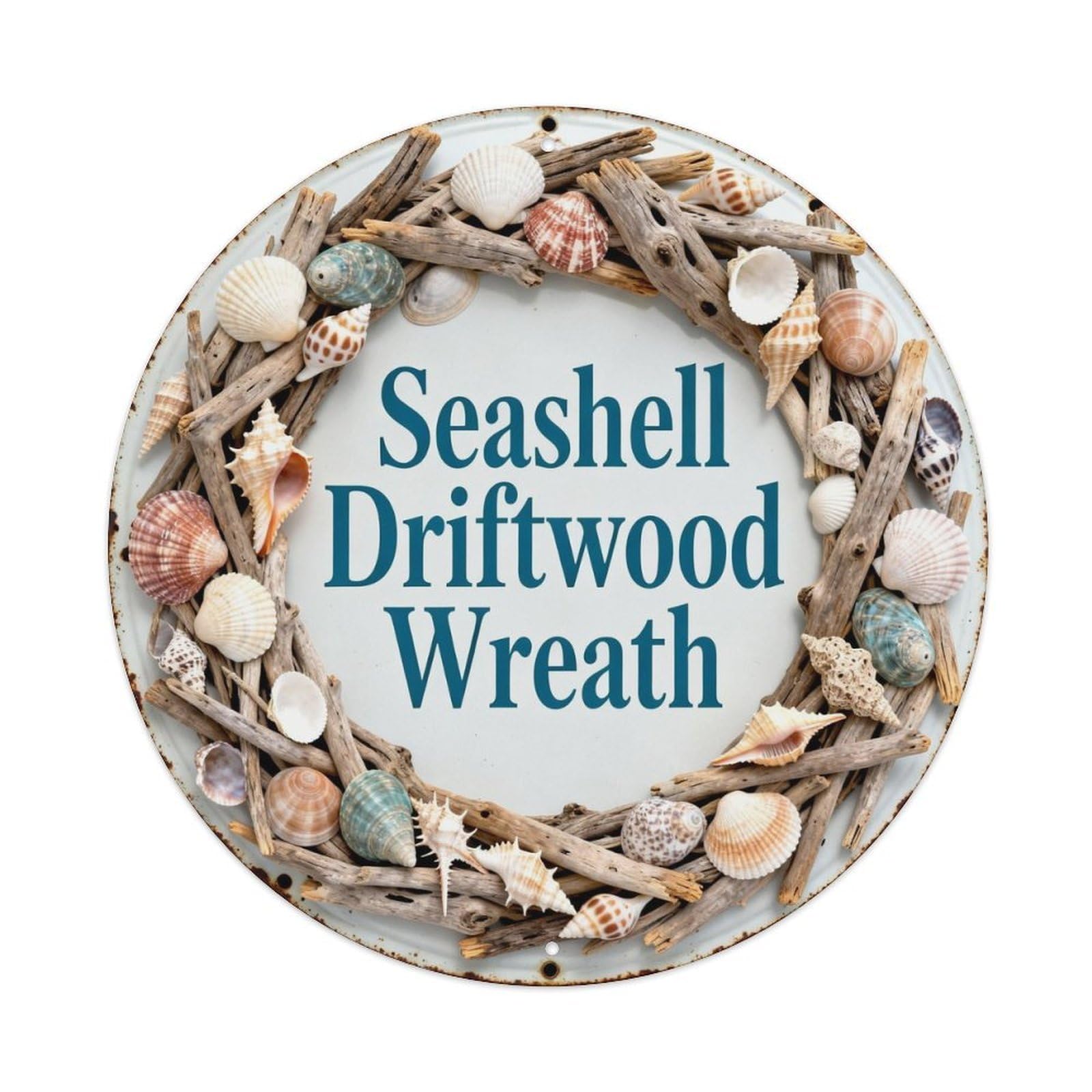 Seashell Driftwood Wreath Metal Tin Sign Plaque