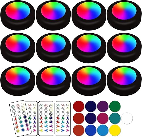 Luces LED de disco de 13 colores con control remoto  Iluminación inalámbrica con batería adhesiva debajo del gabinete  Luces regulables que cambian