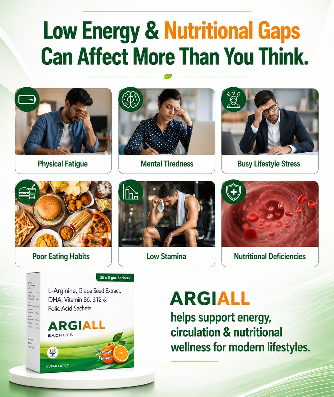 L-Arginine Sachets 3gm with DHA, Grape Seed Extract, Folic Acid, Vitamin B6 & B12 | Sugar Free Orange Flavour Energy & Circulation Drink Mix | Supports Blood Flow, Fatigue, Pregnancy Nutrition & Heart Wellness | 20 Sachets — Amazon image 3