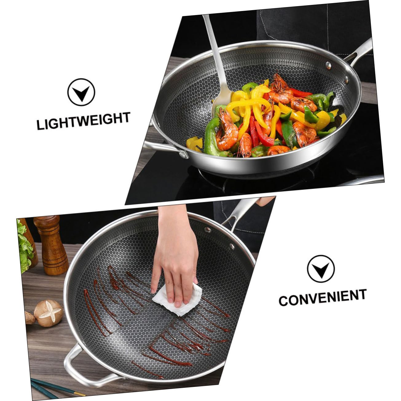 VICASKY Wok Padella in Acciaio Inox Fondo a Nido D'ape Antiaderente Manico Ergonomico Adatta per Friggere Patate e Cucinare Carne, Compatibile piano Induzione