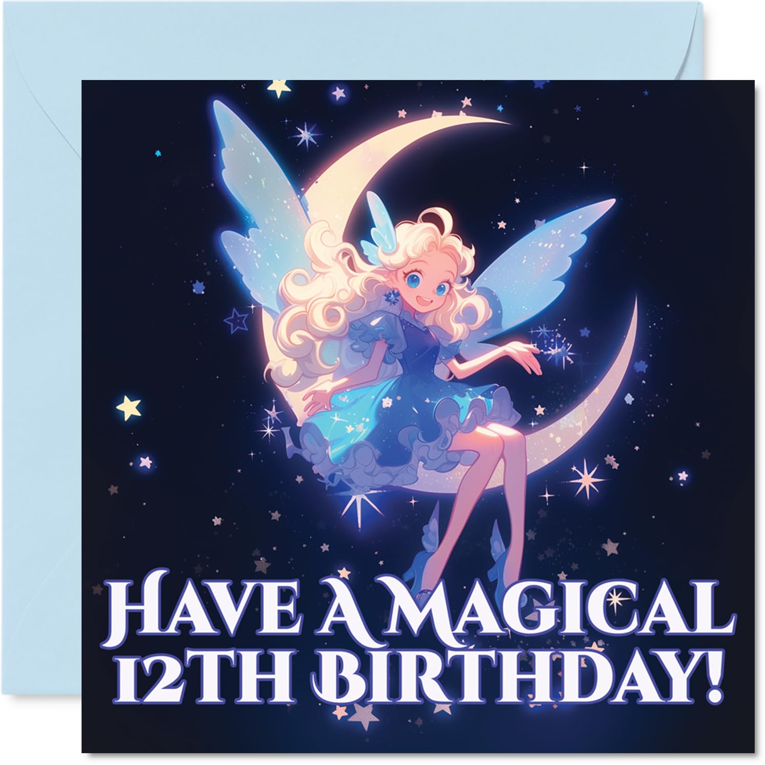 Birthday Card - Sprinkle Some Birthday Magic - Whimsical Fairy Perched on a Crescent Moon with Sparkling Stars - 145mm Square, Envelope Included