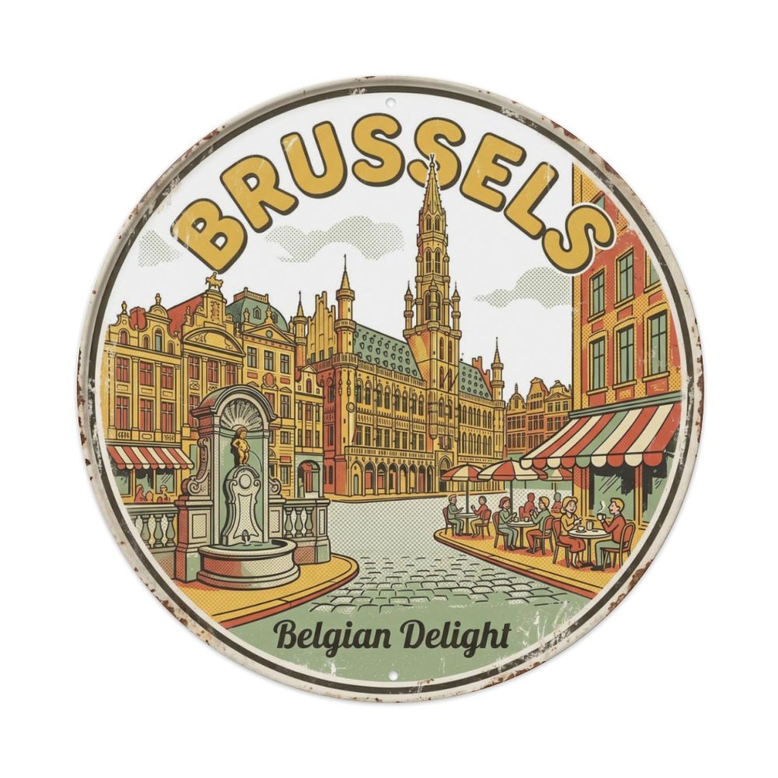 Vintage Travel Brussels Fountain Square Metal Tin Sign Plaque Wall Decor for Cafe, Club, Garden Round Metal Poster 8x8Inch