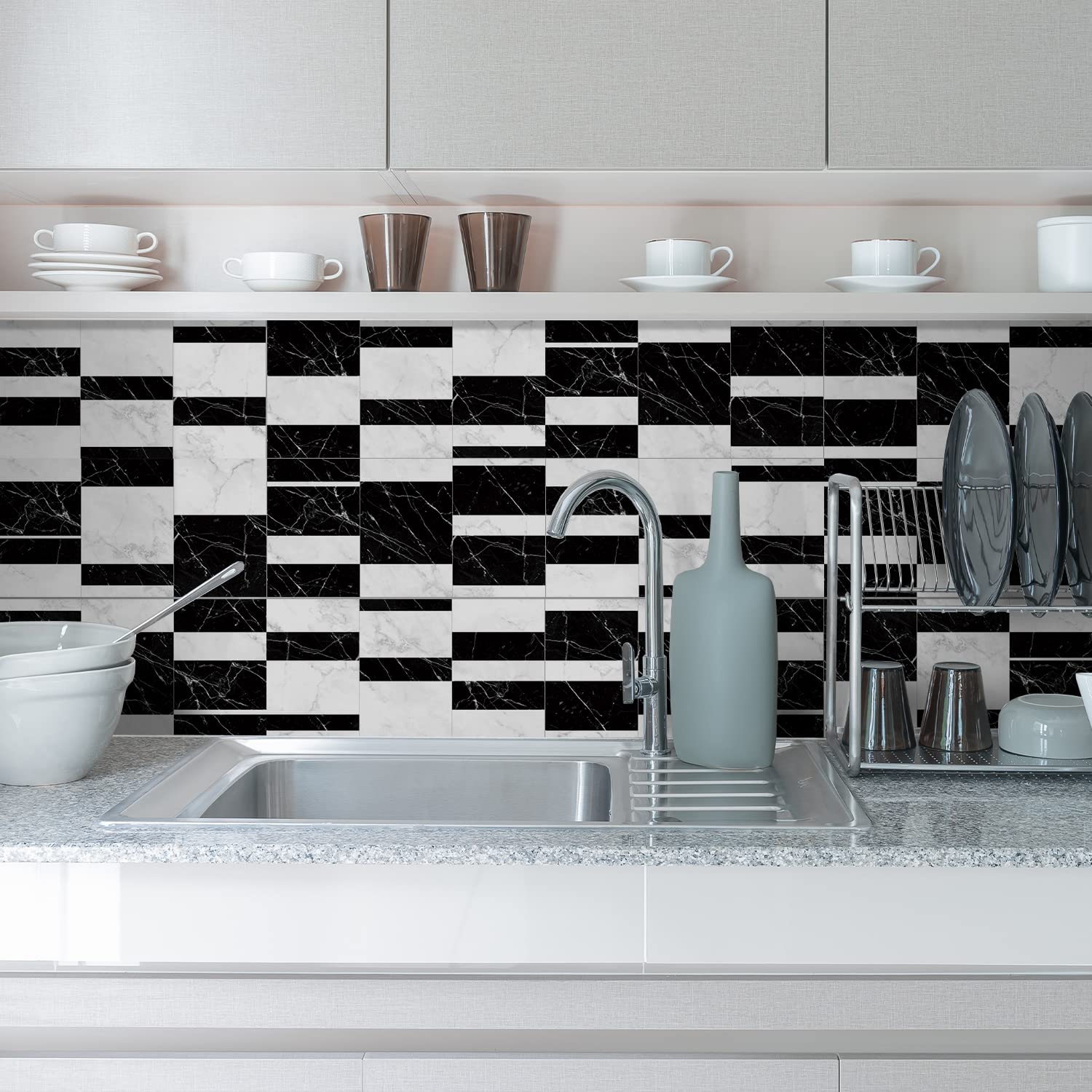 Alwayspon Vinyl Floor Wall Tile Sticker, Non-slip Sticky Back Tile Decals for Kitchen Bathroom Self-adhesive Peel and Stick PVC Floor Sticker DIY, White Black Marble, 30cmX15cm X12Pcs Set