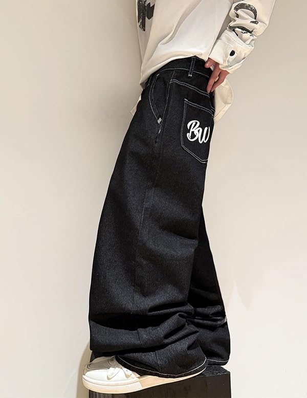 QGRSWBC Mens Baggy Jeans Wide Leg Back Pocket Pattern Denim Pants Black by QGRSWBC - Used condition - Image 3