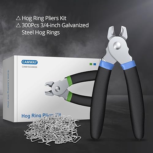 Miniatura 7 de CAMWAY Juego de alicates de anillo de cerdo y 300 anillos de cerdo de acero galvanizado de 34 pulgadas, herramienta profesional de instalación de