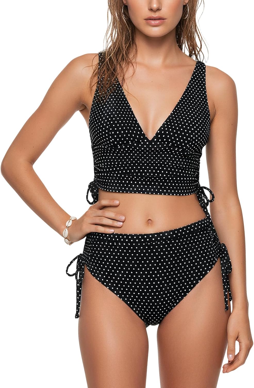 Smocked Lace Patchwork Bow Decor Tie Side String Tankini Set Swimsuits Two Piece Bathing Suit for Women 2026