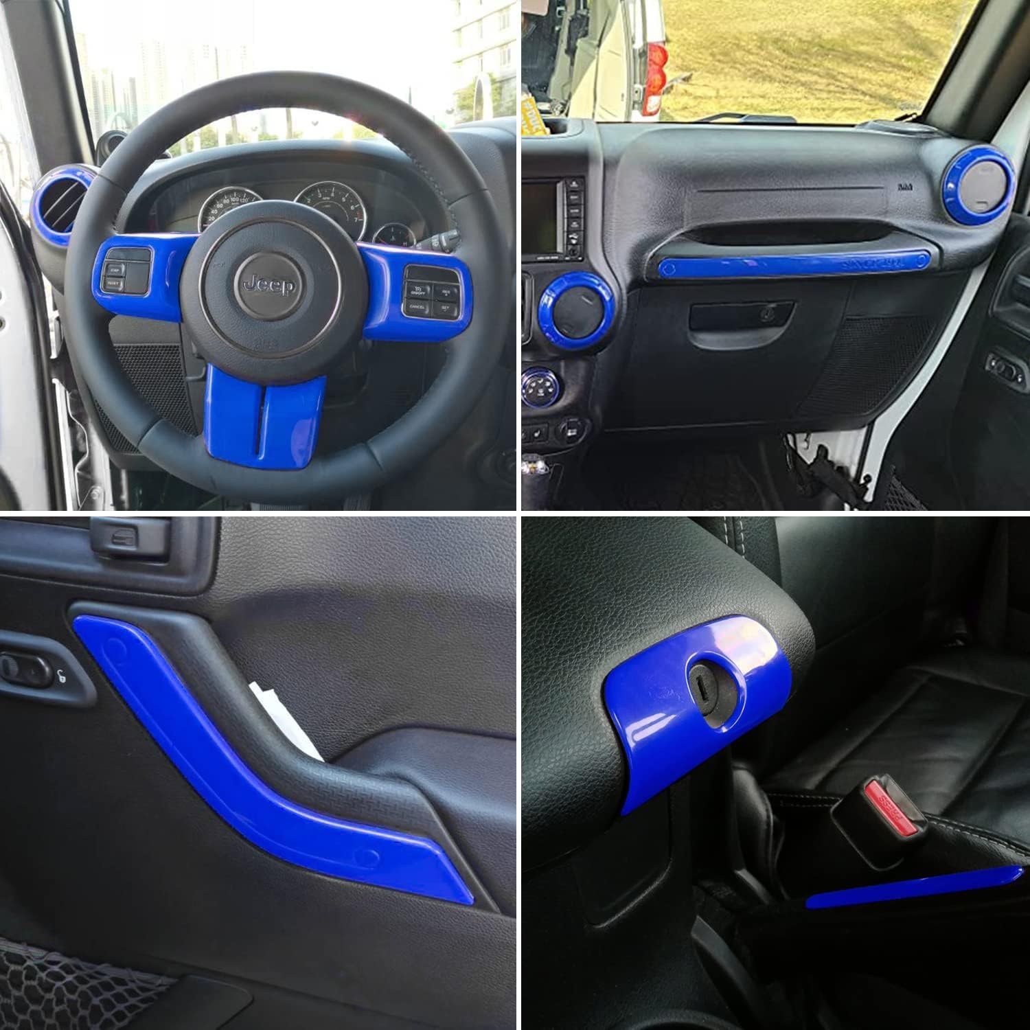 28 PCS Full Set Interior Decoration Trim Kit Fit for 2011-2018 Jeep Wrangler JK JKU - Door Handle & Cup Cover, Steering Wheel & Center Console Trim, Gear Frame, Air Outlet & AC Ring Cover (Blue)