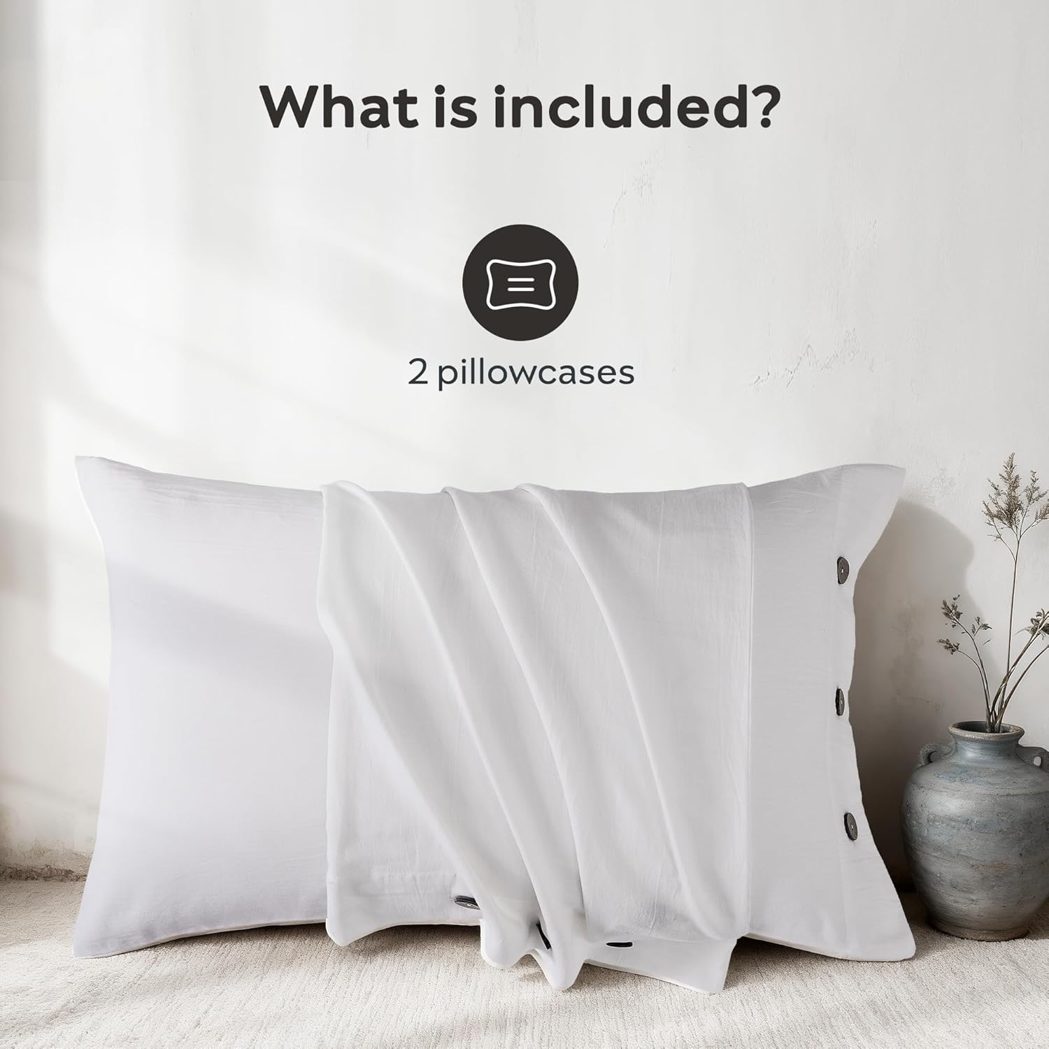 JELLYMONI Pillowcases Queen Set of 2 Cotton Button Pillow Covers 20×30in Cream White Bed Pillow Cases 100% Washed Cotton Soft Breathable (Pillows are not Included)
