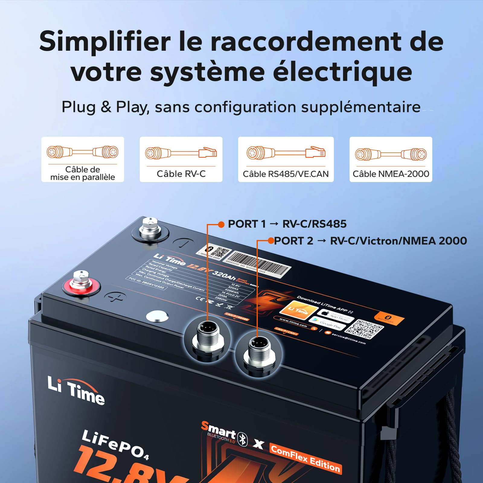LiTime Batterie Lithium 12V 320Ah CAN/RS485 avec Bluetooth pour Camping-Car