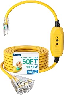 DEWENWILS 50FT Auto Reset GFCI Extension Cord, 12/3 AWG SJTW | LED Indicator Light, 3 Prong Plug, Heavy Duty Power Cable for Pool Pump, Pressure Washer, Lawn Mower, UL Listed, Yellow