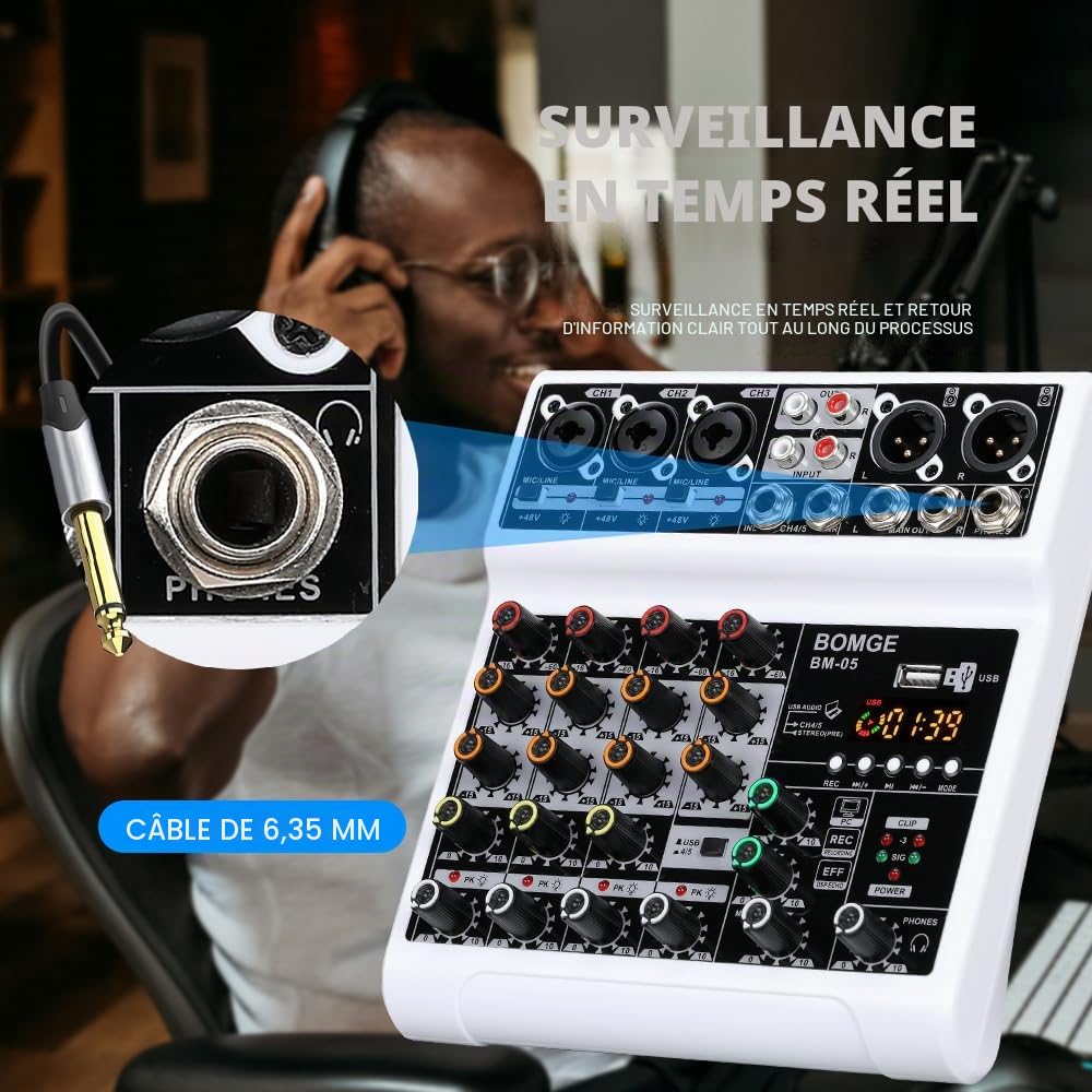 BOMGE Mixeur Audio, Table de Mixage Son avec 5 Canaux Numériques USB Bluetooth, Effet de Retard d’Écho, Alimentation Fantôme 48V, Mixeurs DJ Stéréo pour Enregistrement, Diffusion en Direct, Podcast