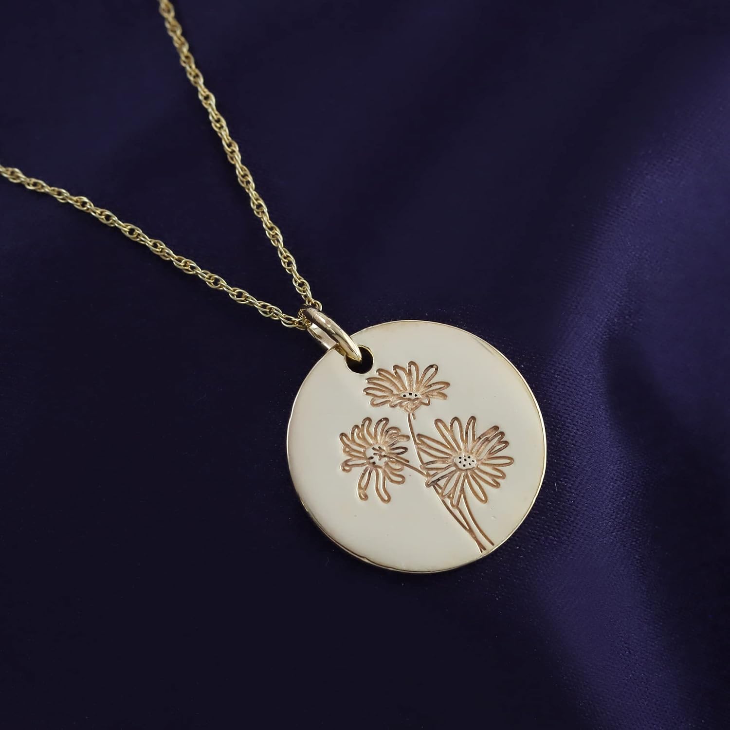 Birth Flower Necklace 18k Gold Plated Engraved Custom Floral Pendant Necklaces Dainty Birth Month Flower Disc Charm Hand Stamped Flower Disc Necklace, Gift For Her