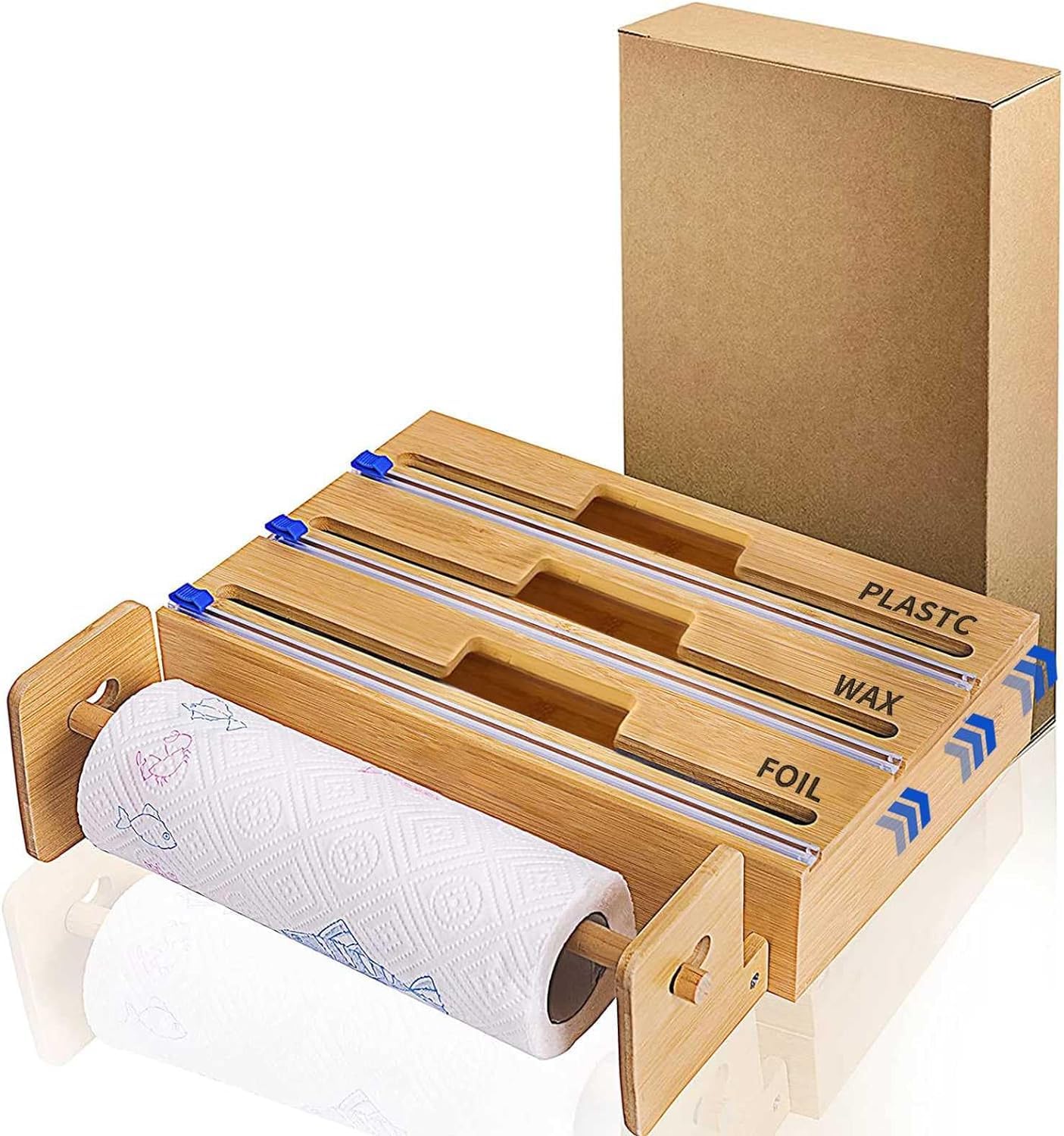 Dispensador de papel de aluminio y plástico con cortador, organizador de papel de cocina, dispensador de película adhesiva de bambú, soporte de almacenamiento para rollos de 12 pulgadas (tamaño: estil