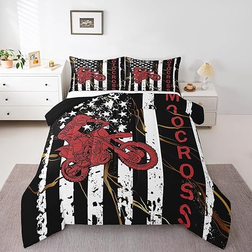 Dirt Bike Comforter Set for Teens, American Flag Bedding Set Twin, Motocross Rider Extreme Sport Down Comforter United States Federations Stars Quilted Duvet for Kids Boys Adult, Black White White