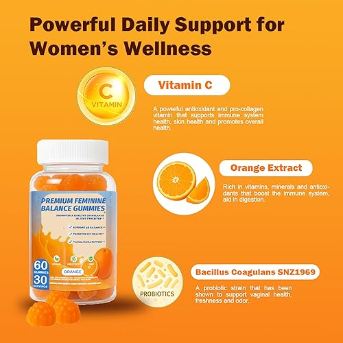 Miniatura 4 de Gomitas de equilibrio femenino prémium Probiótico para el equilibrio del pH y el control de olores para la salud vaginal, sabor natural a naranja