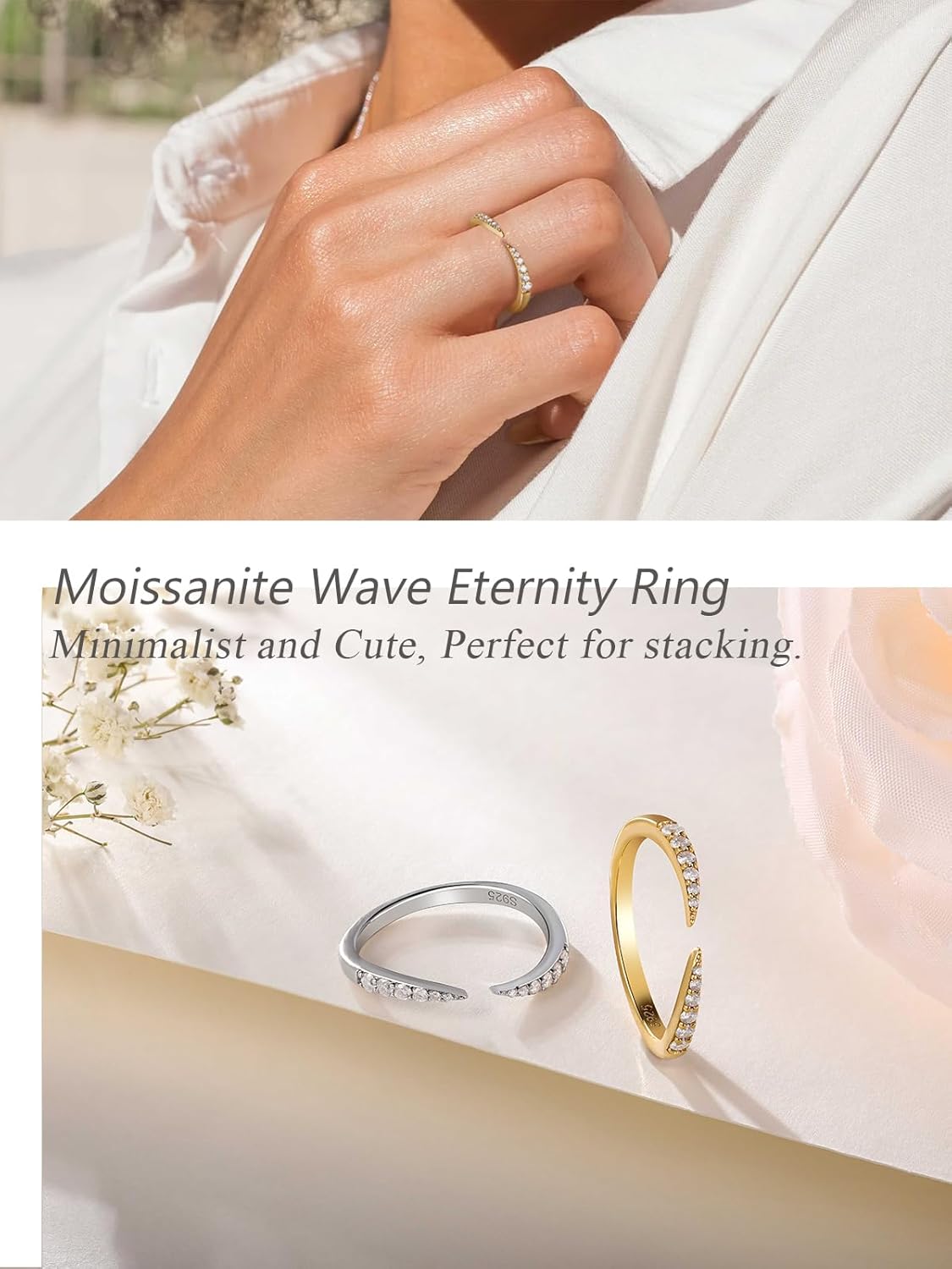 CYW Moissanite Eternity Wave Rings for Women, Adjustable Open Ring, Really Authentic Solid 925 Sterling Silver, Stackable Pinky Ring, Birthday Valentines Anniversary Ideal Gift for Her - Image 2