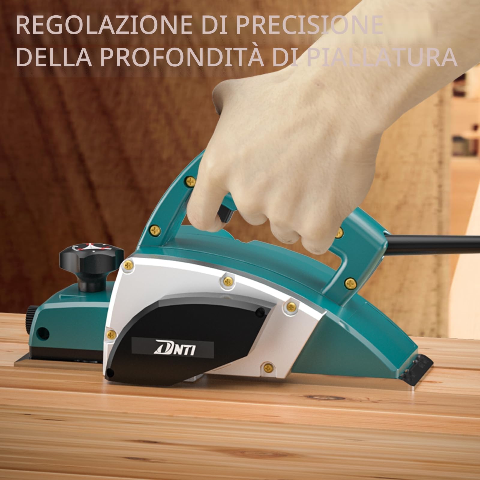 DNTI pialla elettrica per legno 220-240 V, Potenza 500 W, Giri Min. 16000, Largh. Pialla 82 Mm, Profondità Asportazione 1 Mm, per la Lavorazione del Legno, Rifilatura 2920B