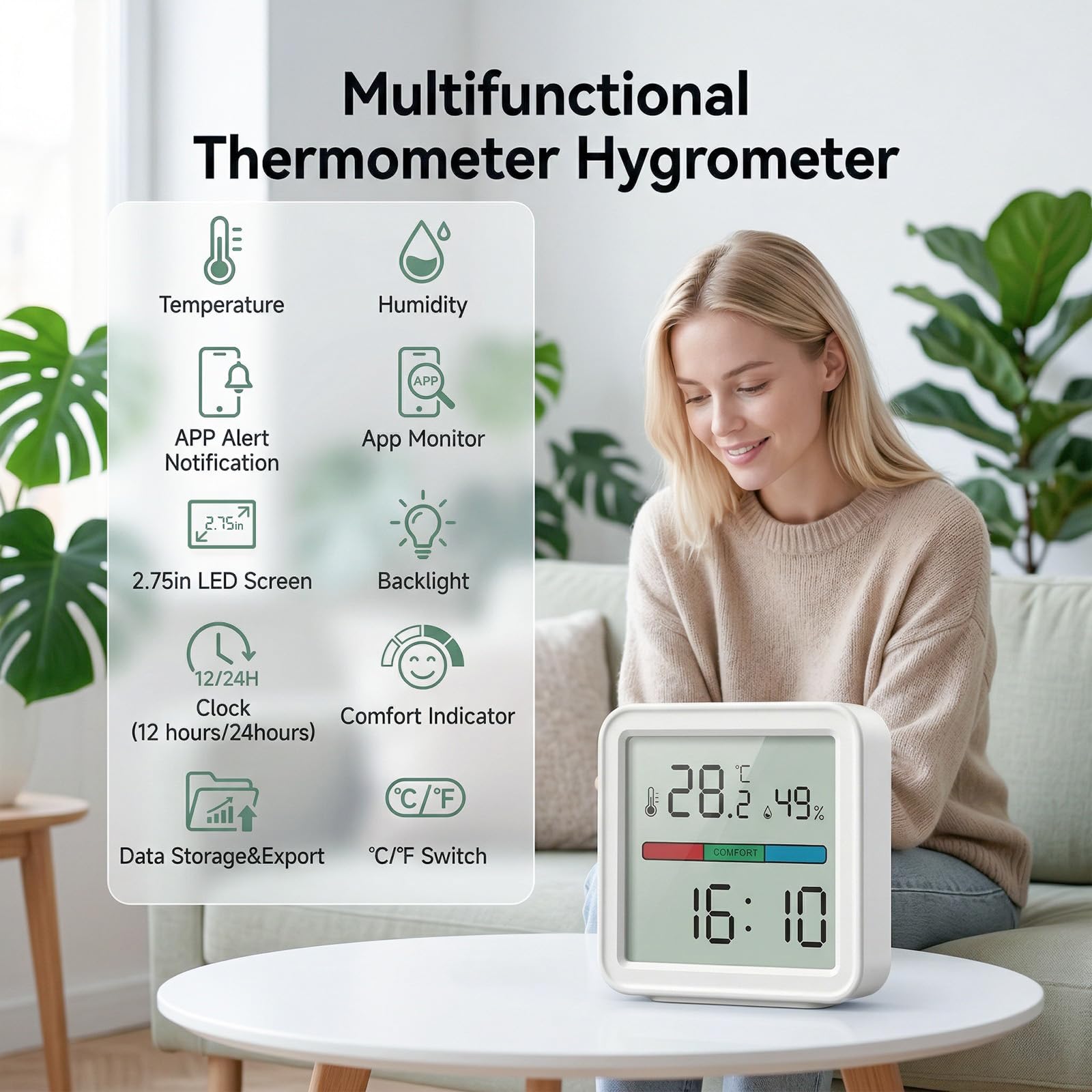 Termómetro & Higrómetro WiFi Inteligente – Sensor de Temperatura y Humedad con Alertas en App, Compatible con Alexa, Pantalla LED Retroiluminada – Monitor de Interior para Hogar y Invernadero