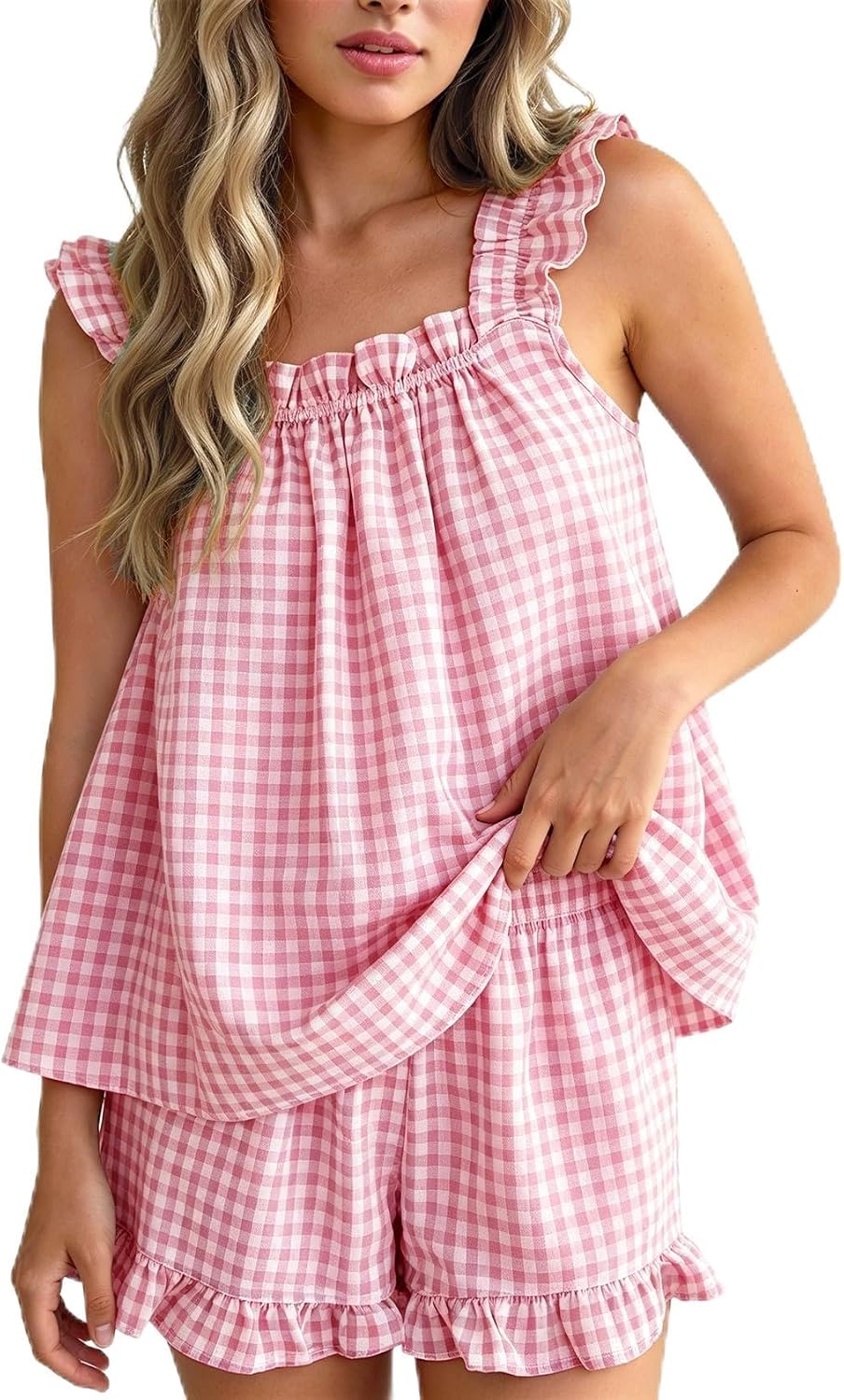 Flygo Womens Gingham Pajama Sets 2 Piece Summer Ruffle Short Pjs