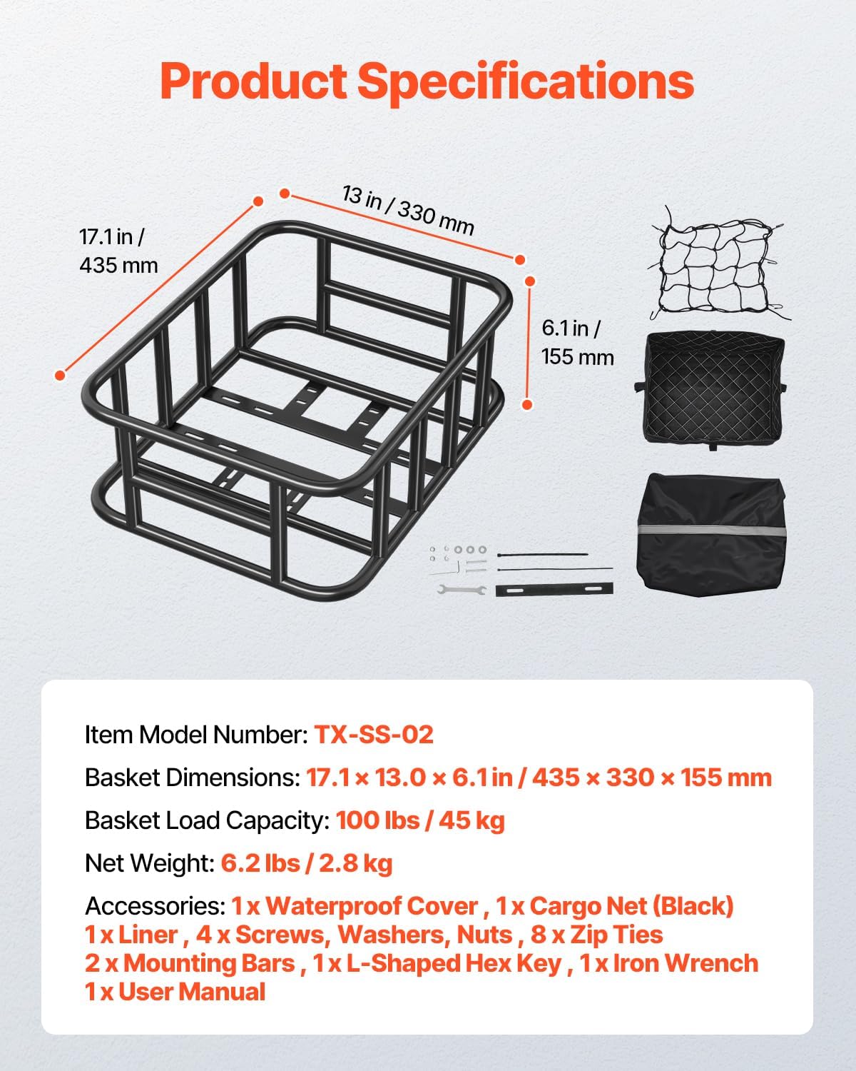 VEVOR Rear Bike Basket, Medium Bicycle Basket with Cargo Net, Liner & Waterproof Cover, Heavy Duty Bike Back Basket for Adult Women/Men Carrying Dogs, Pets, Fruit & Grocery, Mounting Tools Included