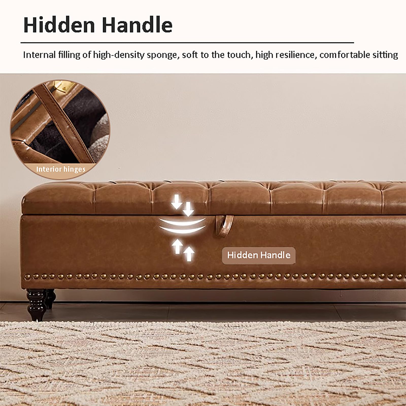 Stylowa prostokątna otomana ze sztucznej skóry z miejscem do przechowywania, trwała ławka ze skóry PU, do salonu, wejścia i przedpokoju, obsługuje 800 funtów, wszechstronny podnóżek i organizer