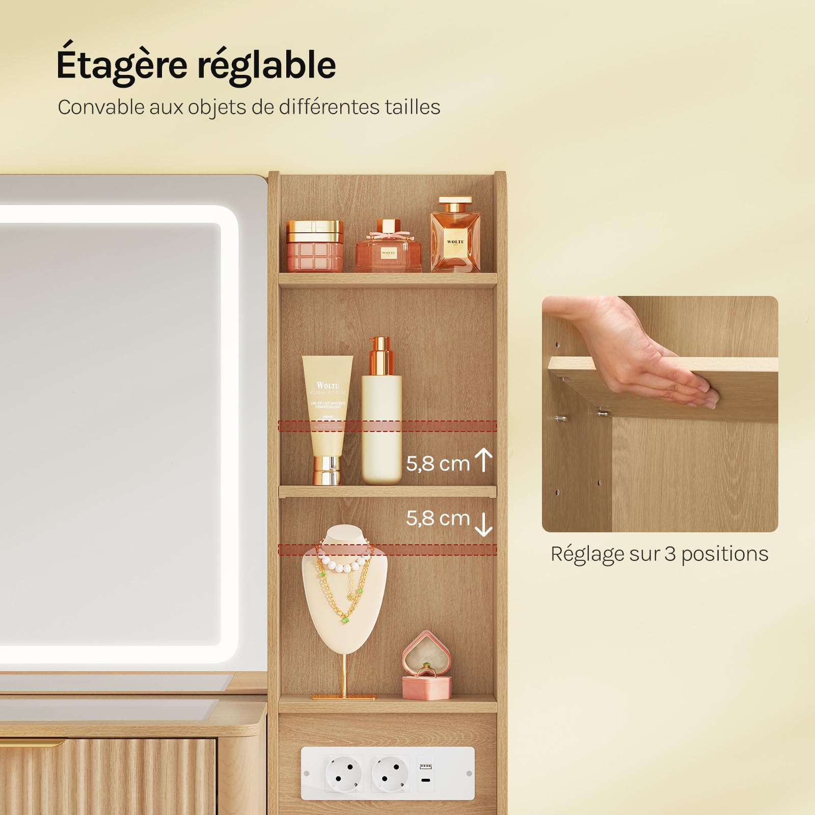 WOLTU Coiffeuse avec Grand Miroir LED, Éclairage Réglable, Multiprise, Plateau en Verre Trempé, Table Maquillage avec 2 Tiroirs à Diviseur Amovible, Armoire Latérale, Casiers Ouverts, Style Chêne