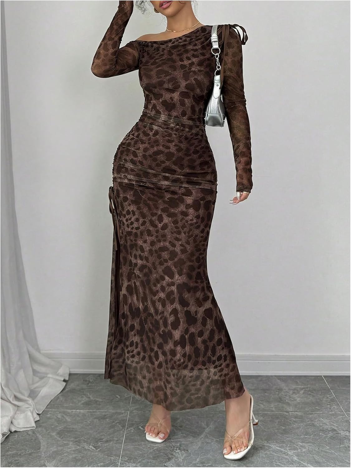 Milumia Women's Leopard Mesh Asymmetrical Neck Maxi Dress Long Sleeve Drawstring Slit Thigh Dresses - Image 5