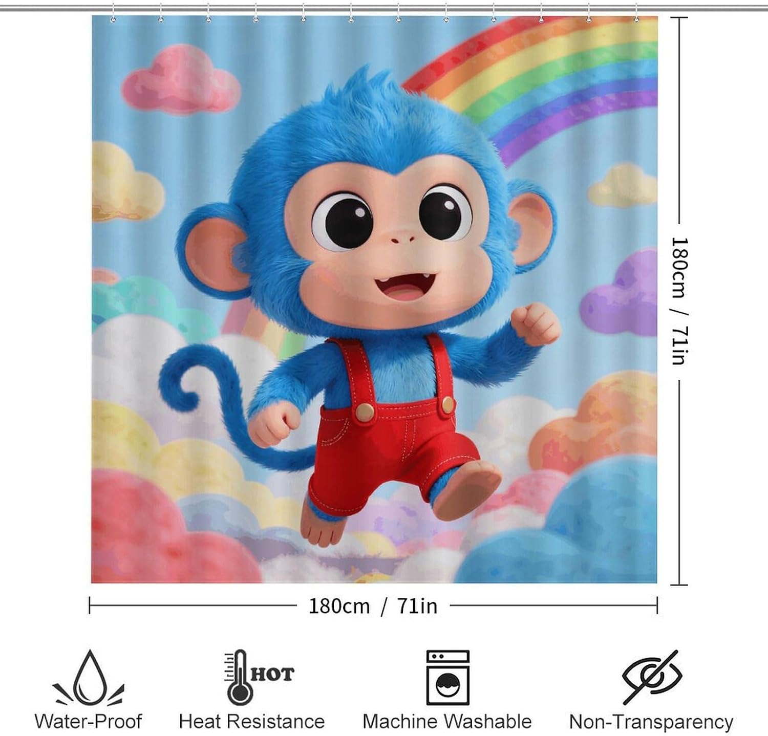 Blue Monkey Bathroom Rugs Sets 4 Piece | Shower curtain sets, non-slip absorbent soft flannel bath mat, u-shaped toilet mat & lid cover, bathroom decor accessories