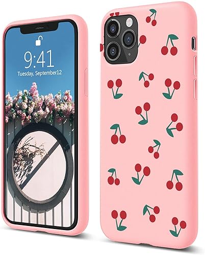 Idocolors Funda rosa para iPhone 11 Pro Max, diseño femenino de cereza protectora, antideslizante, de silicona líquida, forro de microfibra suave, a