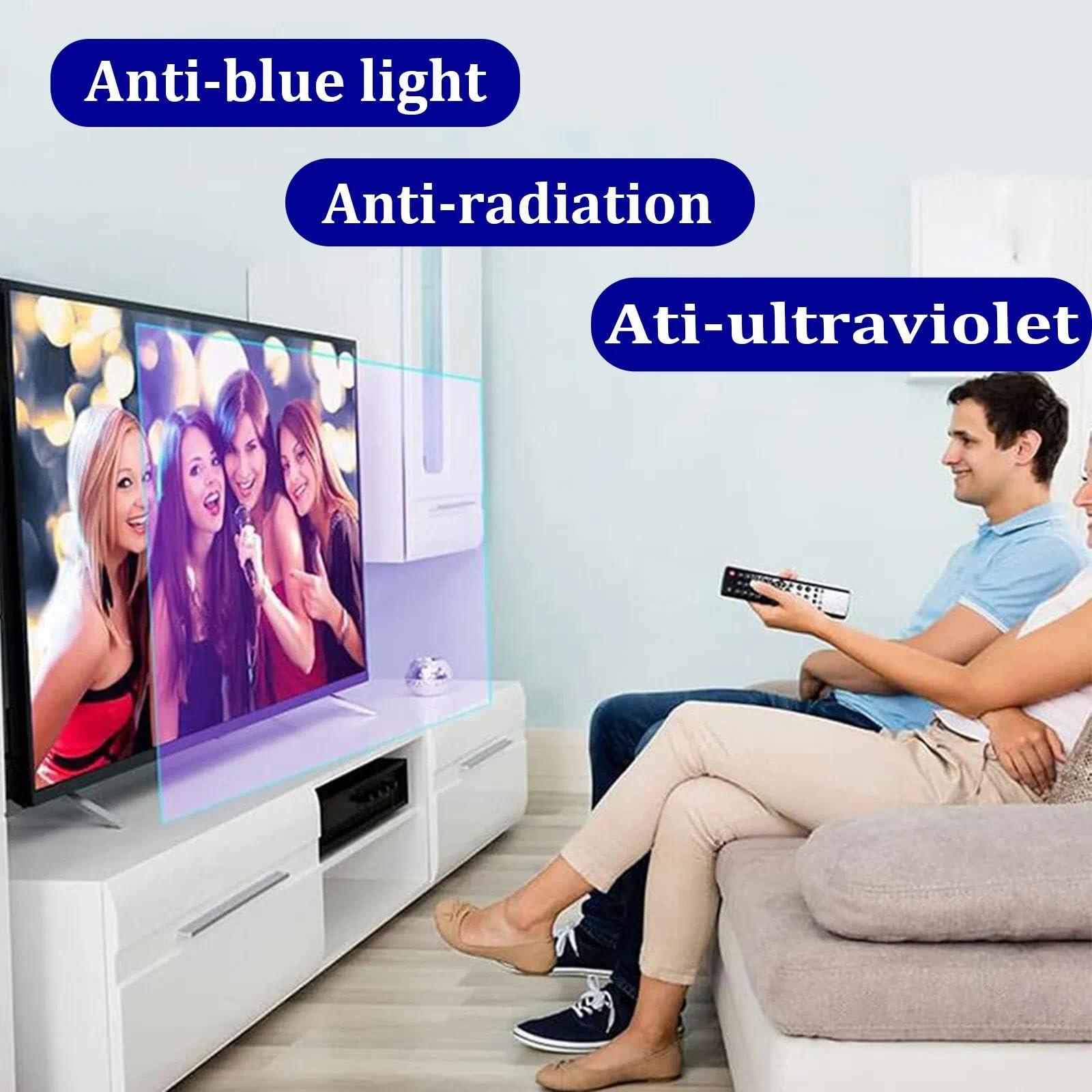 Osłona ekranu telewizora blokuje niebieskie światło i zmniejsza odblaski, łagodzi zmęczenie oczu, nie zawiera szkła, jest odporna na pęknięcia i zarysowania, zapobiegając urazom (165 cm)