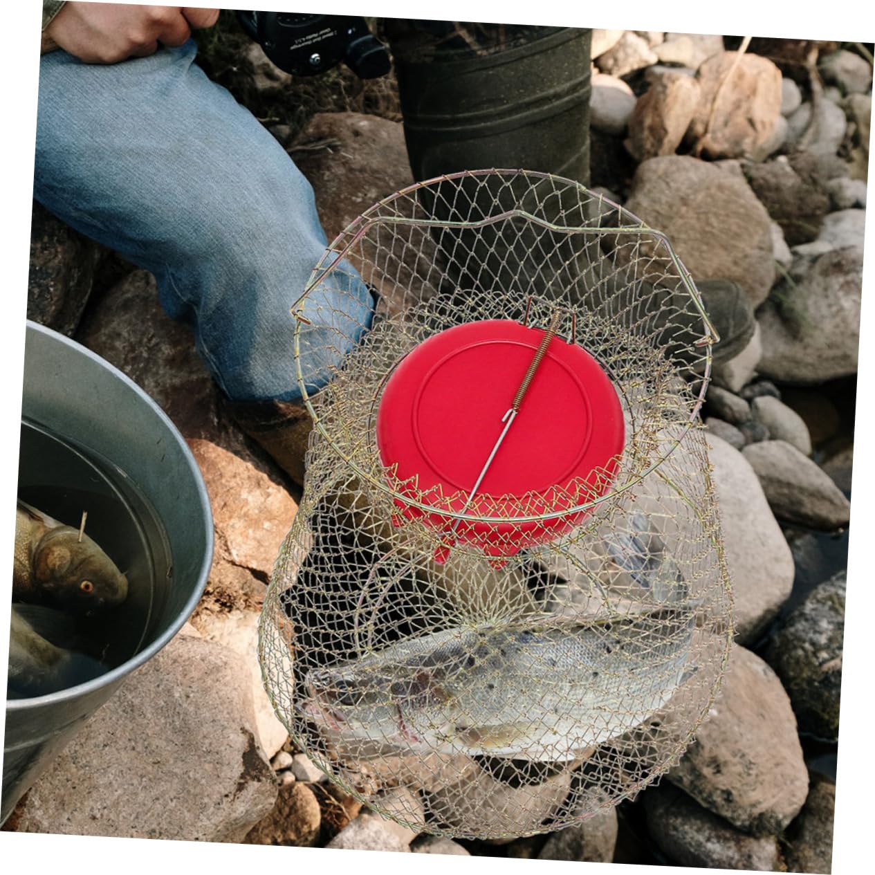 VANZACK Bourriche de Pêche Pliable en Fer, Panier Rond Polyvalent pour Poissons et Crabes, Portable et Peu Encombrant Pêche