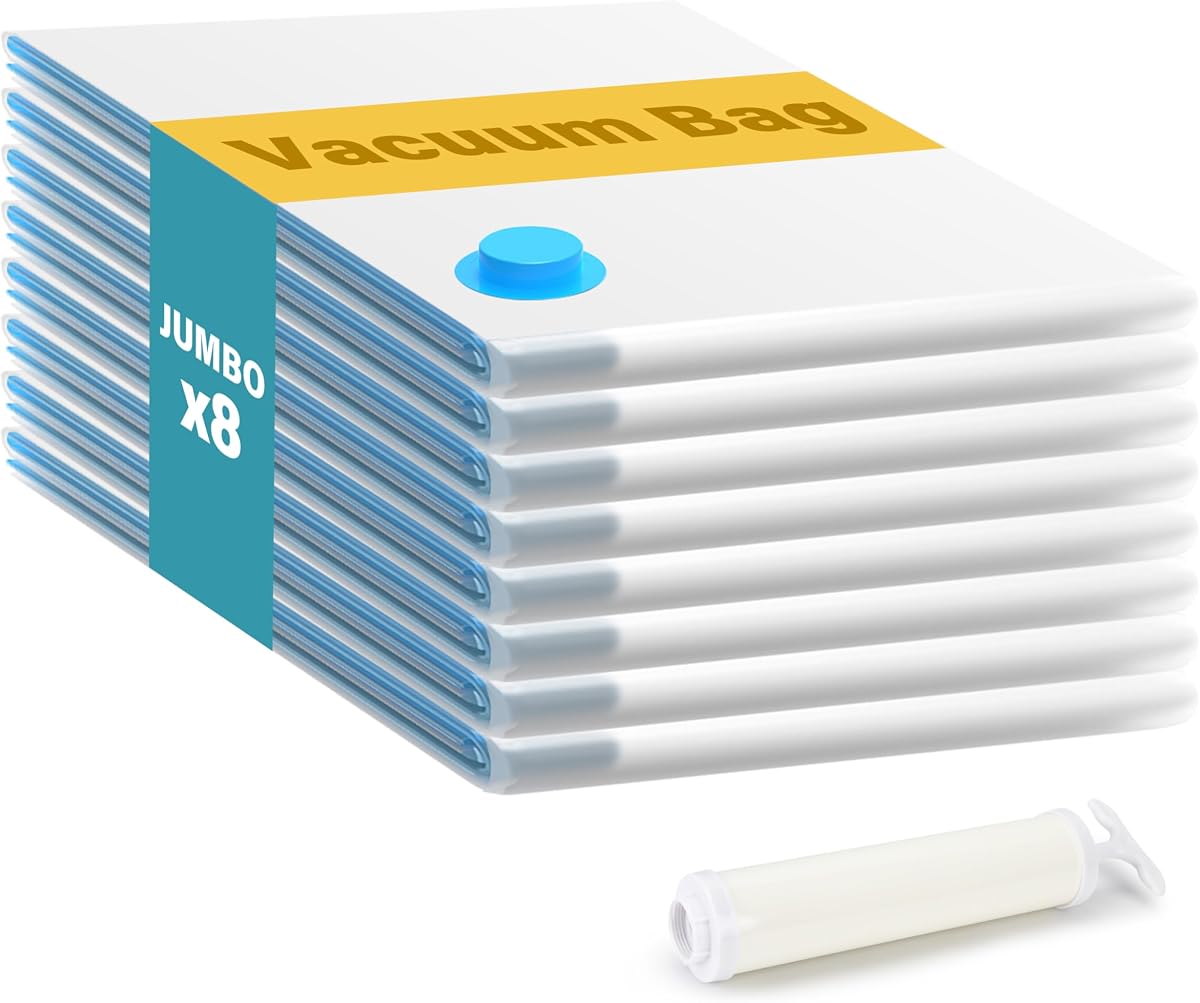 Vacuum Storage Bags (8-Jumbo) 80% Space Saver with Travelling Pump for Quilts and Blankets