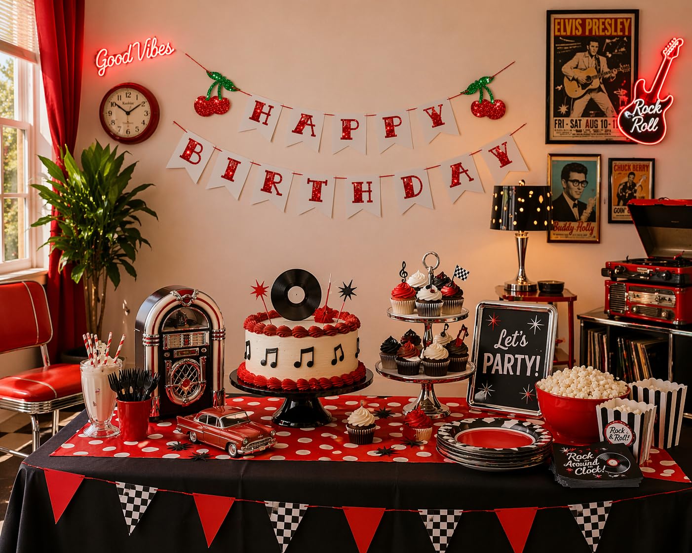 Glitter Cherry Happy Birthday Banner 1950's Party Decoration Pre-Strung 1st Birthday Party Decoration Rockabilly Themed Birthday Party Banner image 3